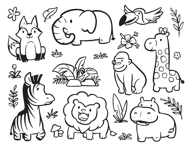 Vector doodle animals set coloring wild animals