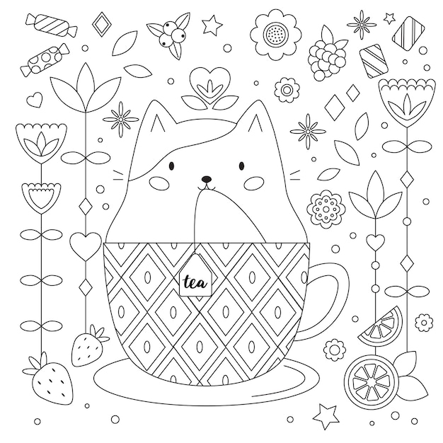 Doodle antistress coloring page with cat in cup