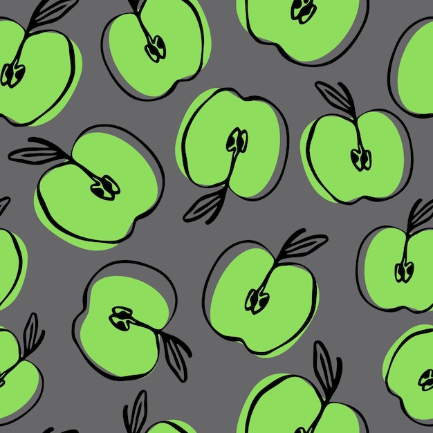 Doodle apples seamless pattern. hand-drawn vector green apple, contour line art