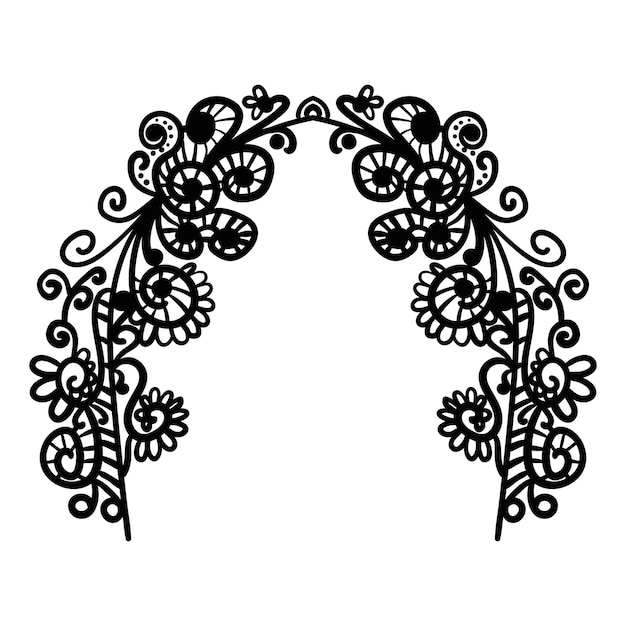 Арка каракулей Абстрактная рамка из цветочных элементов черного каракуля с цветочными ветвями и листьями