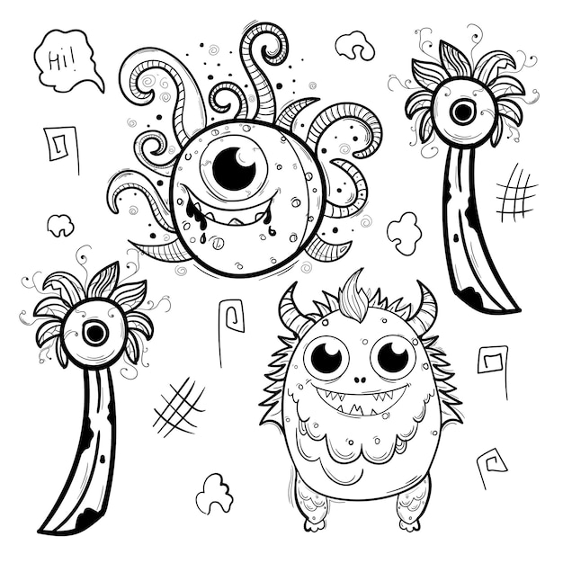 Vector doodle art cute monster set vector