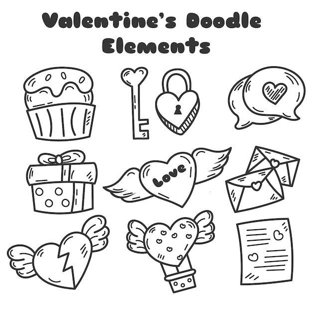 Set of Valentines day doodle elements. romantic hand drawn vector  illustration. Design elements 18907919 Vector Art at Vecteezy