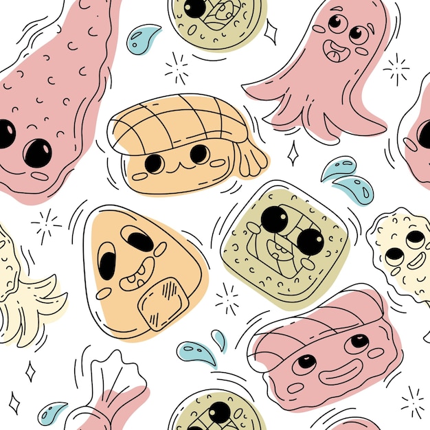 Doodle asian food pattern with sushi, onigiri, sushi roll, tempura shrimp, octopus sausage.