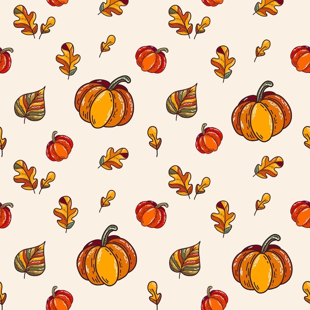 Doodle autumn seamless pattern Hand drawn Pumpkins and leaves in orange tones