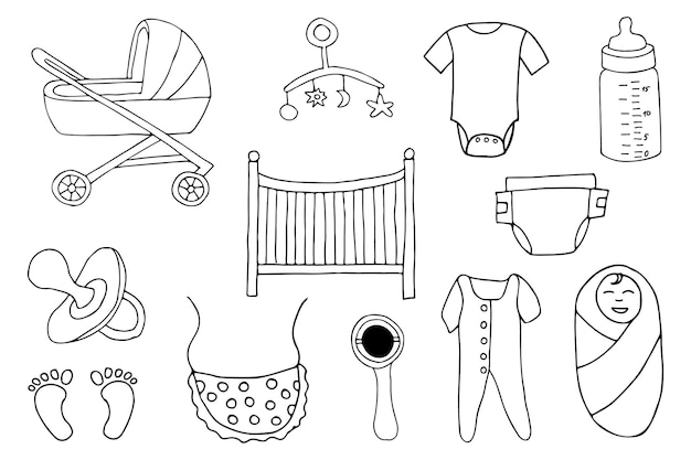 Doodle baby stuffs icon collection. hand drawn baby stuffs icon collection.