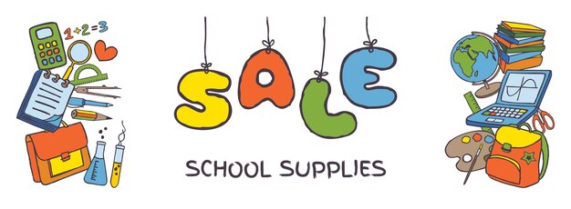 Doodle back to school sale banner hand drawn letters school supplies sale concept poster