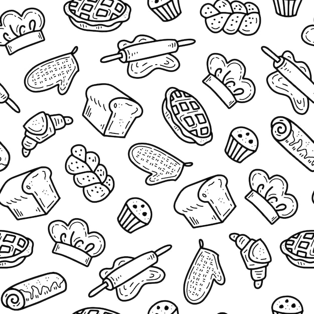 Doodle bakery food tools seamless pattern