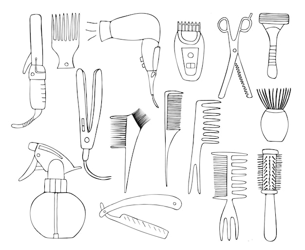 Vettore doodle collezione di icone di barbiere. collezione di illustrazioni disegnate a mano per parrucchieri nel vettore.