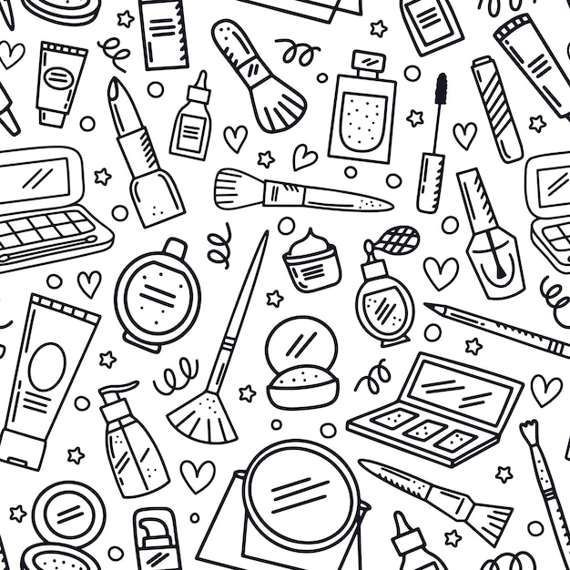 Doodle la bellezza compone il modello senza cuciture sfondo con cosmetici disegnati a mano