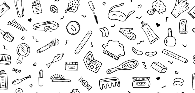 Doodle beauty seamless pattern Makeup background Vector cosmetic icon Hand drawn illustration