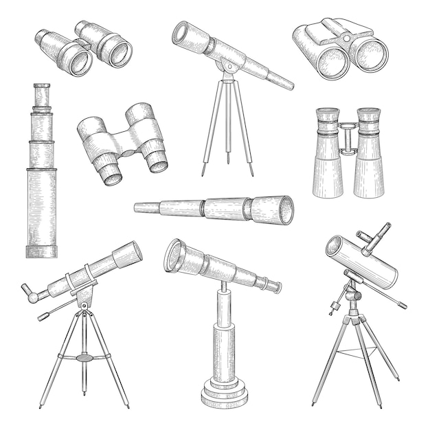 Vector doodle binocular. explorer equipment for travellers binocular telescope military optics vector hand drawn set. illustration telescope sketch, equipment lens tool