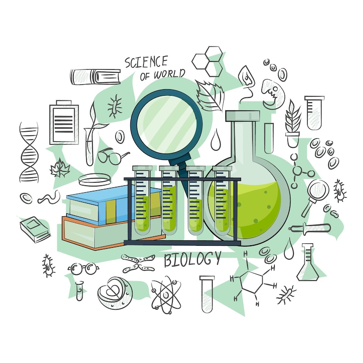 Vector doodle of biology science concept with lab equipment and books vector illustration on white background educational theme vector illustration
