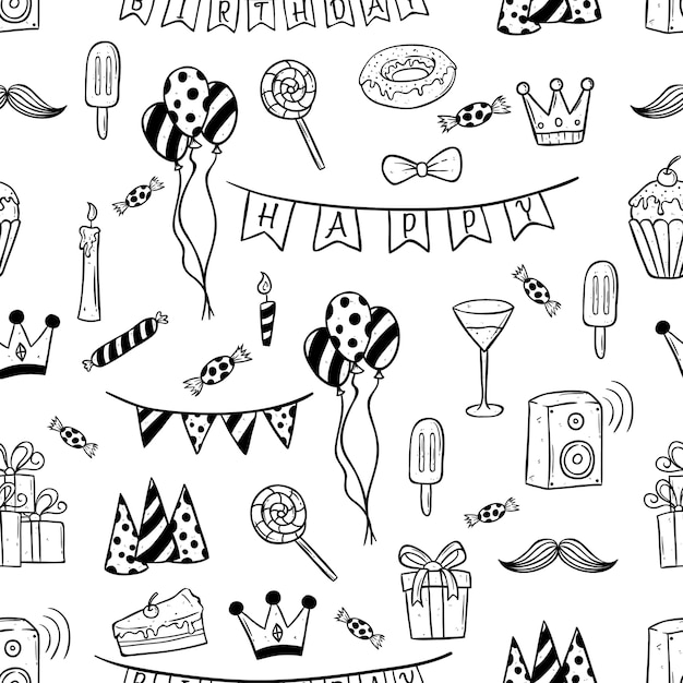 doodle birthday elements seamless pattern