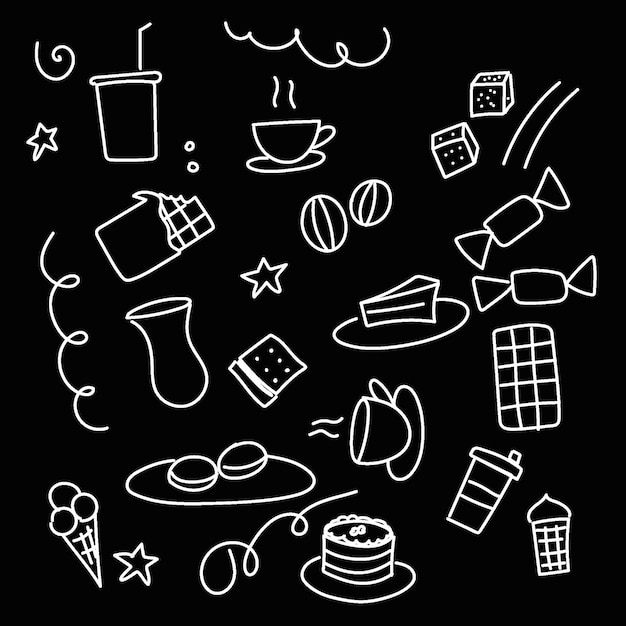 Doodle su sfondo nero caramelle dolci al caffè