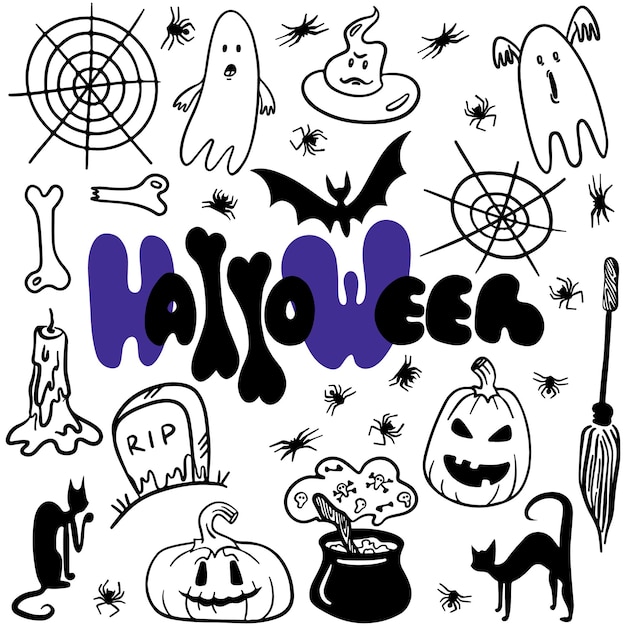 Doodle set di halloween in bianco e nero per un design carino disegna a mano elementi divertenti dei cartoni animati per la festa