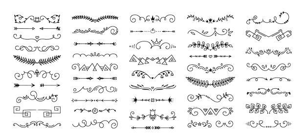 Doodle bloeien verdelers. handgetekende ornamentelementen voor decoratieve frames voor wenskaarten en uitnodigingen. collectie van zwarte lijnen op witte geïsoleerde achtergrond. vector vintage platte randen set