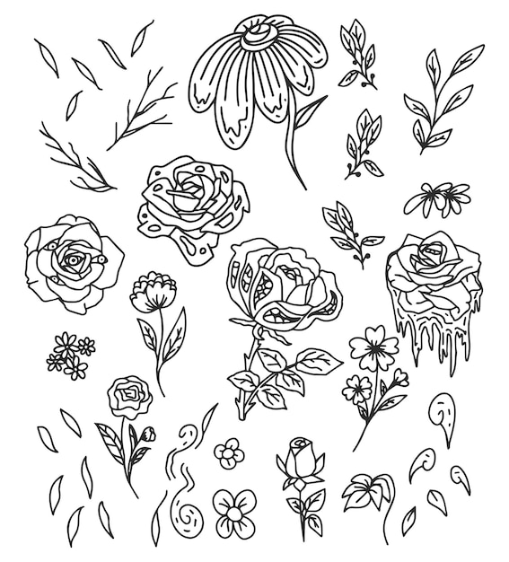 Doodle bloem lijntekeningen element clipart