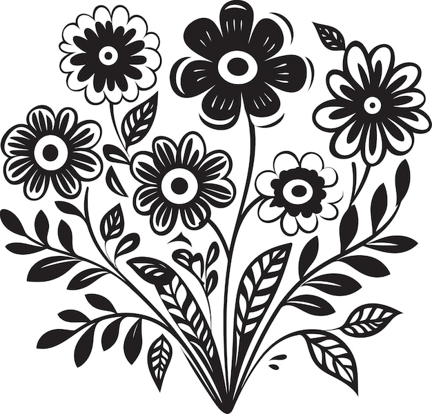ドゥードル・ブルーム 単色花のシンボル スクリブル・ブーケット ブラック・ベクトル・ロゴ