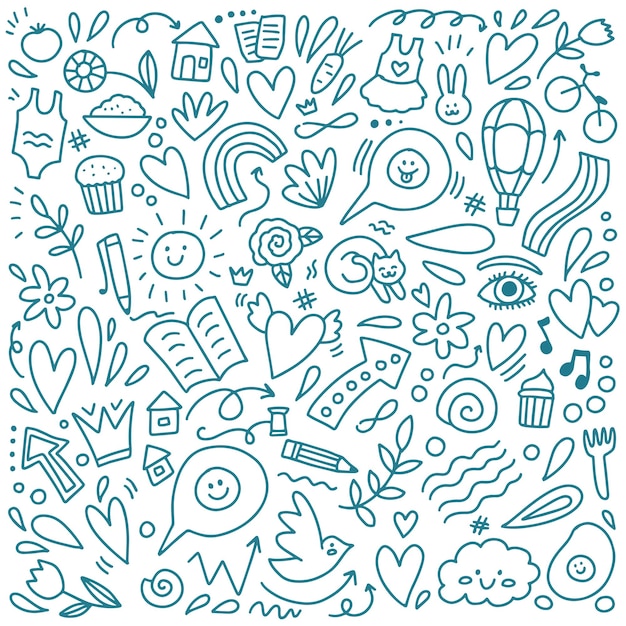 Vector doodle blue different objects cute set vector illustration