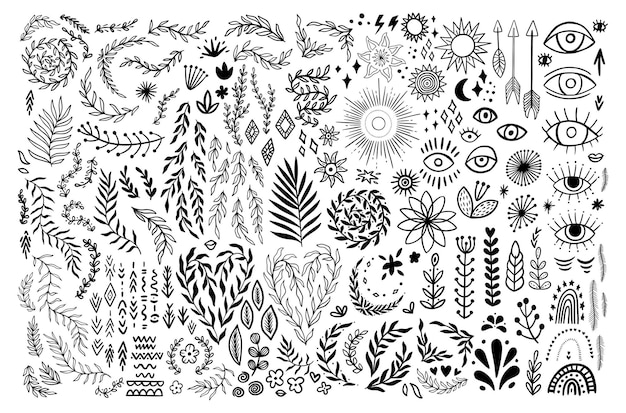 Vector doodle boho vintage floral set. bohemian symbols in rustic graphic style. collection silhouettes moon, flower, arrows. vector illustration isolated on white background. tribal eyes, aztec ornaments