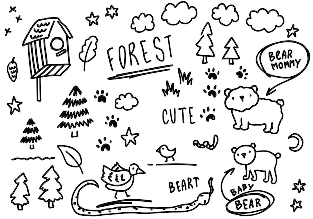 Doodle bos, poten, beer, bomen, tekst. schets set schattig geïsoleerde lijn collectie.