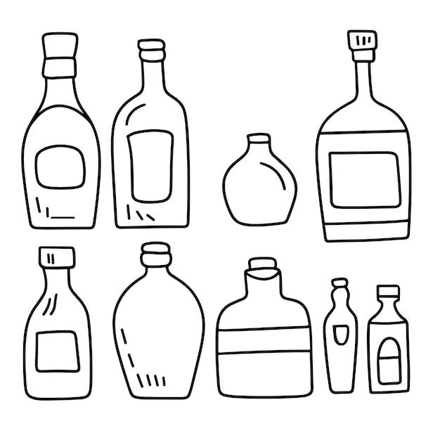 Vector doodle bottles collection isolated on white background colored outline bottles set hand drawn