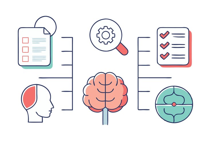 Vector doodle brain recharge related colorful icon set flat illustration on white background