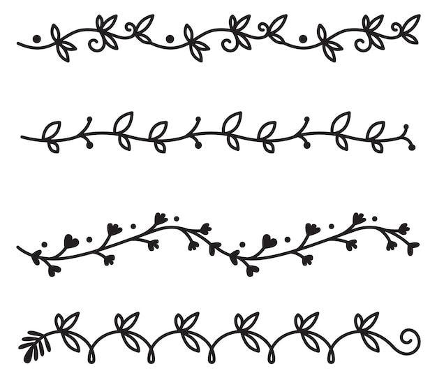 낙서 분기 흰색 배경에 고립 된 장식 식물 테두리 컬렉션을 설정