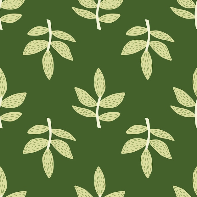 Doodle branches with leaves seamless pattern on green background. decorative