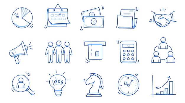 Doodle business icon set Doodle business finance office teamwork concept Calendar calculator chart element Hand getekende schets stijl vector illustratie