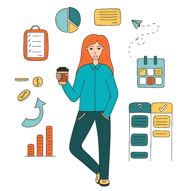 Doodle business woman with cup of coffee vector