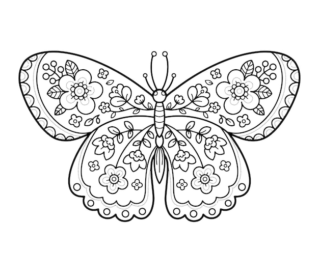 Дудл бабочка с цветами для печати раскраски