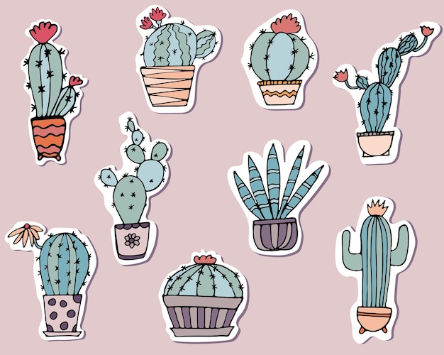 Vector doodle cacti on white