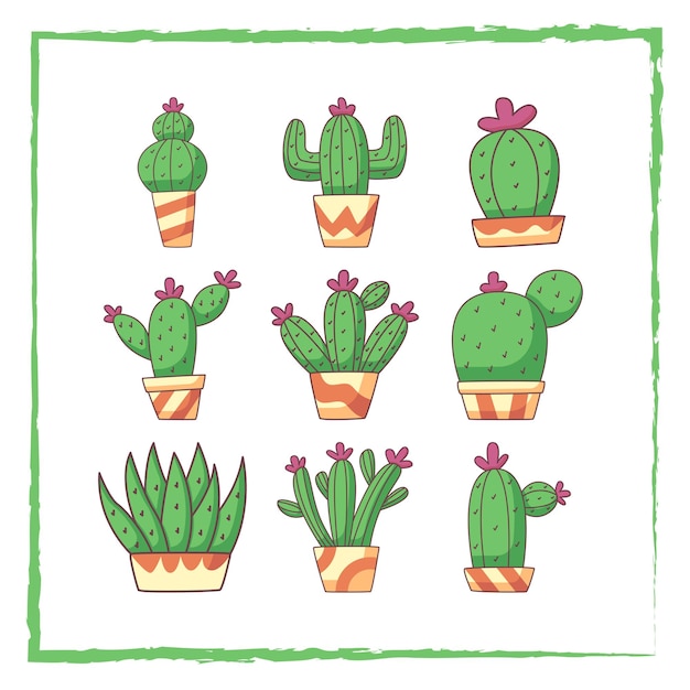 Vettore doodle insieme di elementi di cactus