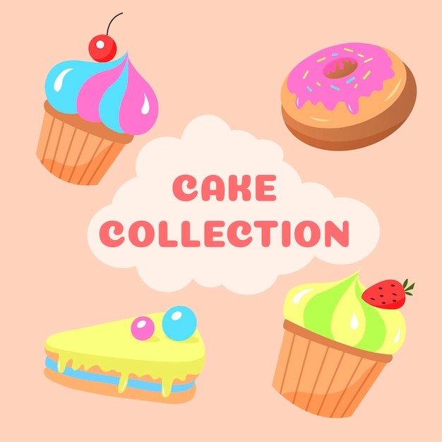 Doodle cake sticker collection. A set of delicious sweets. Decoration for bakery.