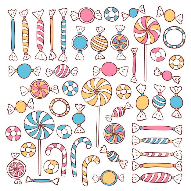 Vettore doodle caramelle dolci insieme di oggetti disegnati a mano. insieme di oggetti di schizzo di cibo vettoriale