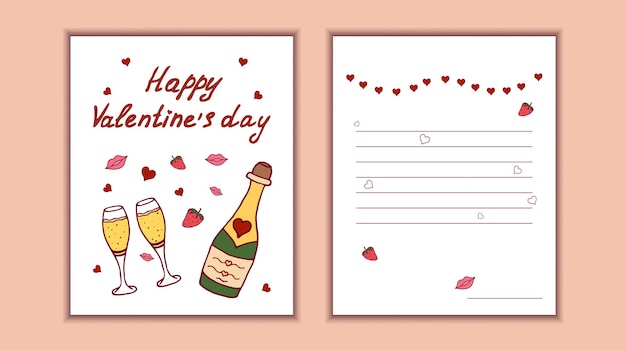 Doodle Card with Champagne glasses strawberry heart kiss for valentines day Vector illustration