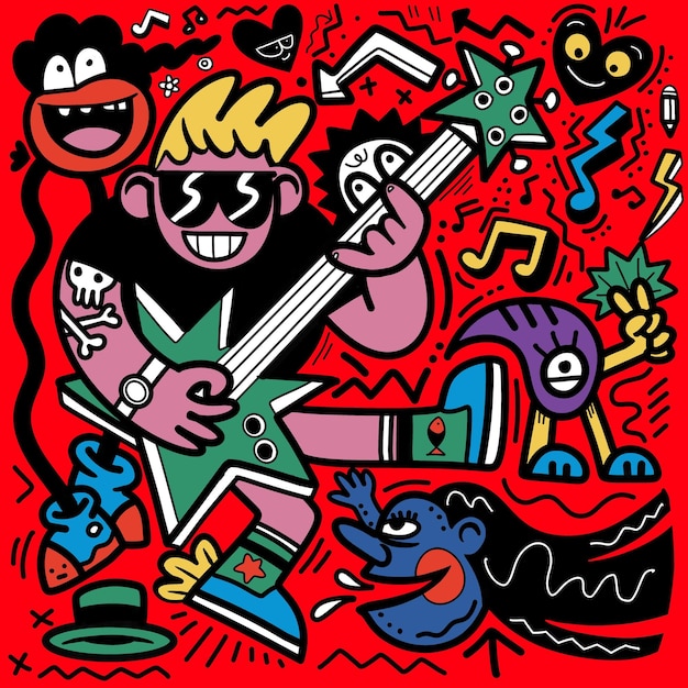 Doodle cartoon character plays a guitar on a red background in the style of distorted figures and forms sgrafitto colorful grotesques exploratory line work Illustration Vector