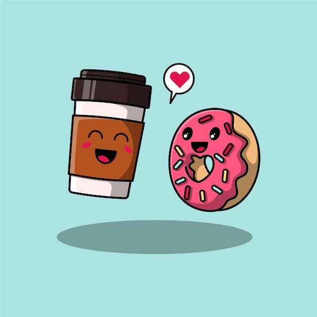 Doodle cartoon of coffee cup and donut. love couple vector illustration design.