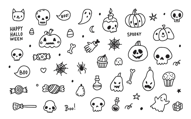 Vector doodle cartoon collection set of icon and symbols about the halloween day,isolated background