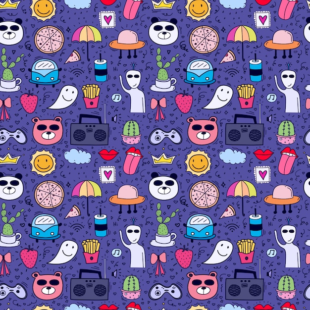 Doodle Cartoon Seamless Pattern Background For Kid. 