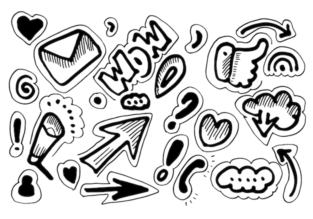 Doodle cartoon set of objects and symbols on the social media theme.