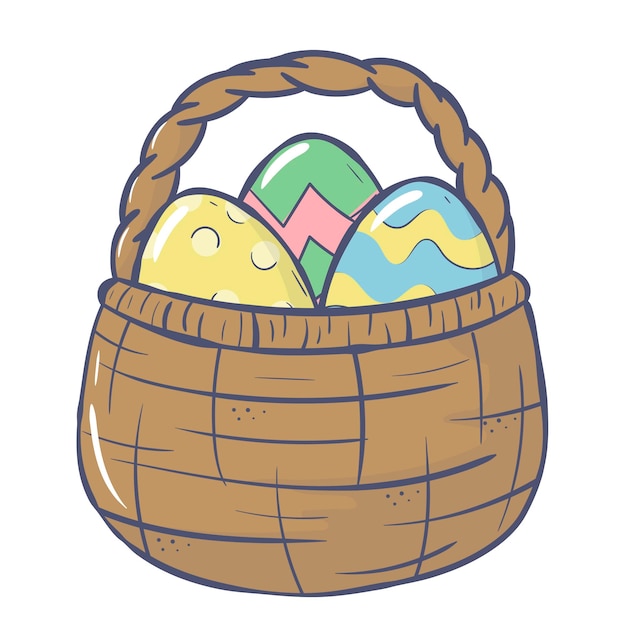 Doodle cartoon wicker basket with easter eggs