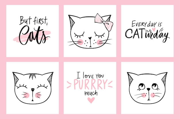 Vector doodle cats illustrations and kitten quotes. cartoon animals.