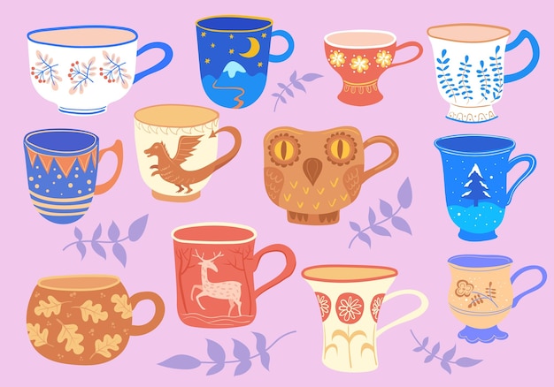 Doodle tazza di ceramica cartoon scandinavo tazza collezione tazze piatte per bere tè o caffè stoviglie da cucina con fiori colazione cibo tazze alla moda pulito illustrazione vettoriale