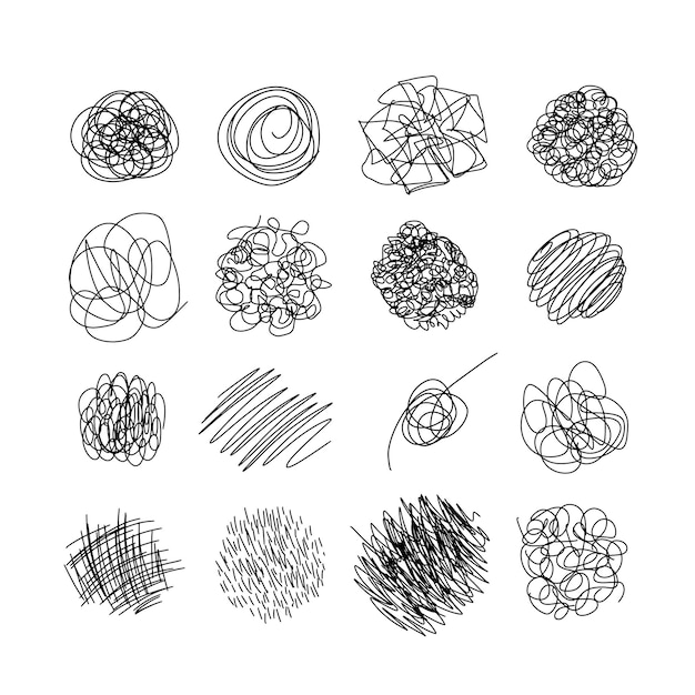 Vettore doodle caos disegnato a mano linea disegnata a mano nera astratta scribble forma vector doodle set ellissi grovigli linee cerchi grunge rotondo scarabocchio cerchio thread clew knot isolato