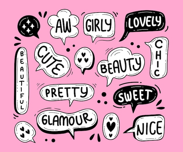 Doodle chat bubbles with text inside them illustrations on light pink background