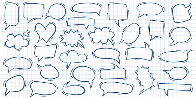 손으로 그린 스타일의 Doodle 채팅 아이콘 격리된 배경에 만화 거품  ⁇ 터 일러스트레이션 토크 프레임 사인 비즈니스 개념