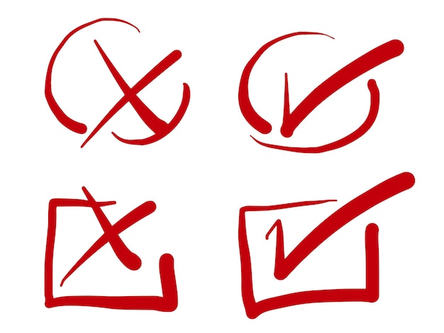 Doodle check mark and cross mark icon set tick symbol checklist signs vector illustration