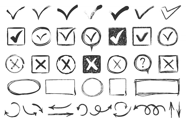 Doodle check marks. check signs sketch, voting agree checklist mark or examination task list. hand drawn tick v x yes no ok sign. checkbox chalk icon, sketch checkmark.